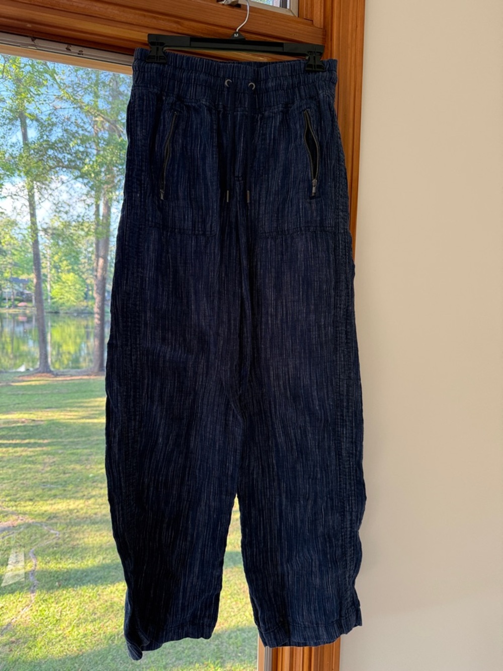 Athleta Wide Leg Pants Cabo Navy Blue Linen  Womens Size 6 Athleisure Relaxed